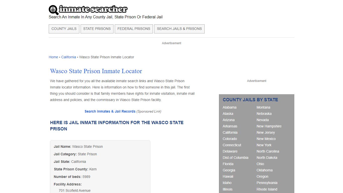 Wasco State Prison Inmate Locator - Inmate Searcher